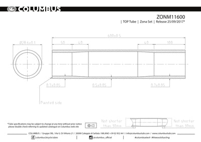 ZONM11600 - Columbus Tubing Zona top tube - 28.6 diameter - .7/.5/.7 wall thickness. Length = 600