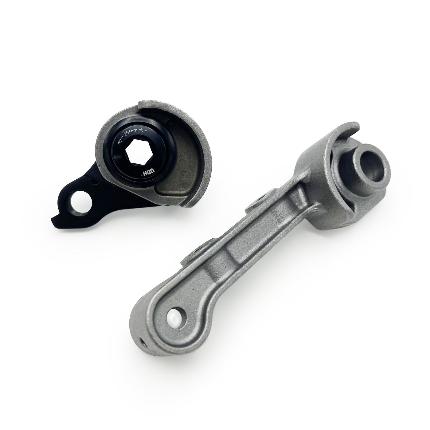 Hooded rear thru-axle dropout for flat-mount disc brakes for SRAM Universal Derailleur Hanger