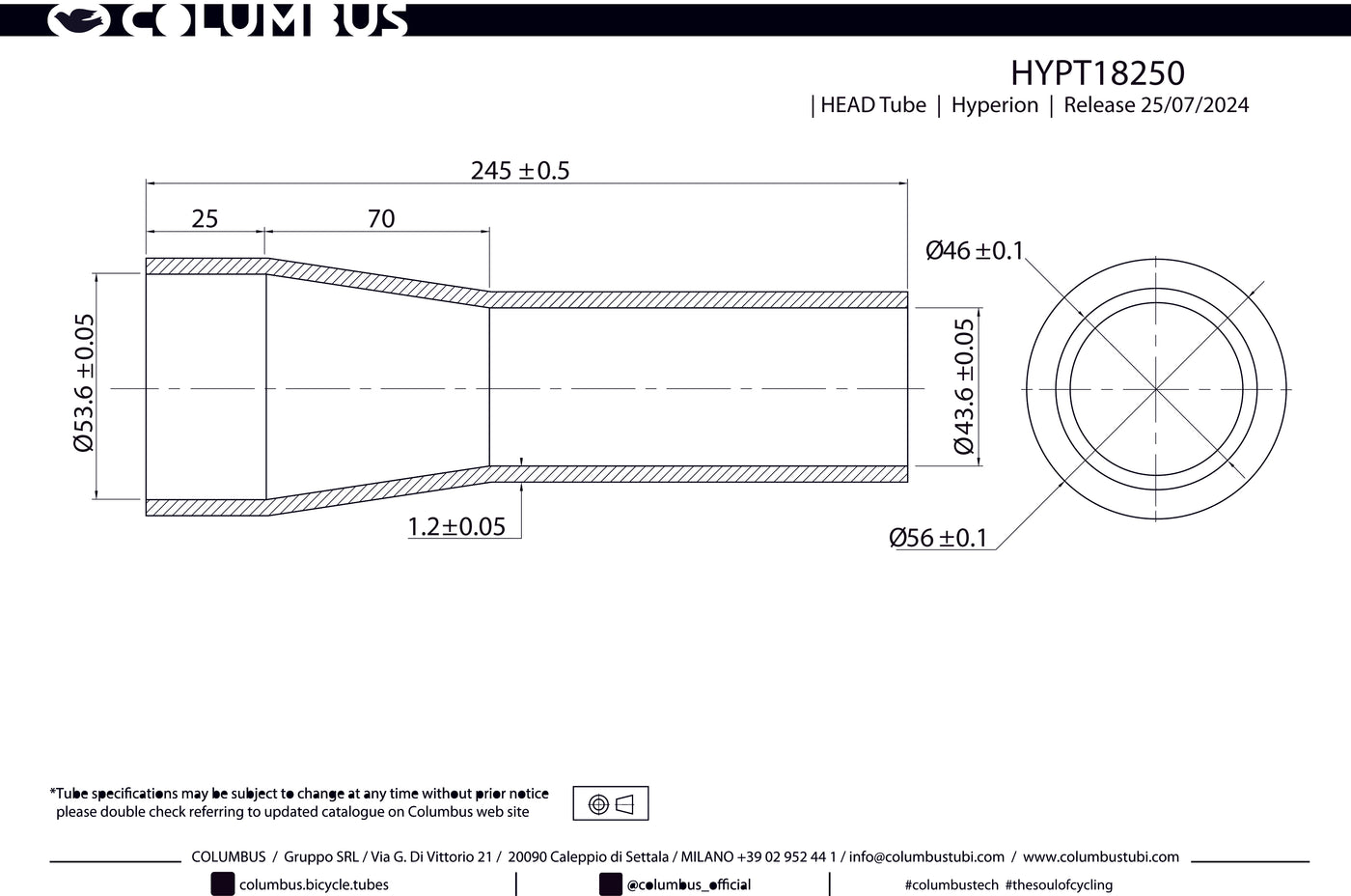 Columbus Hyperion tapered titanium head tube - 56/46 dia. - 1.2mm wall - length = 250