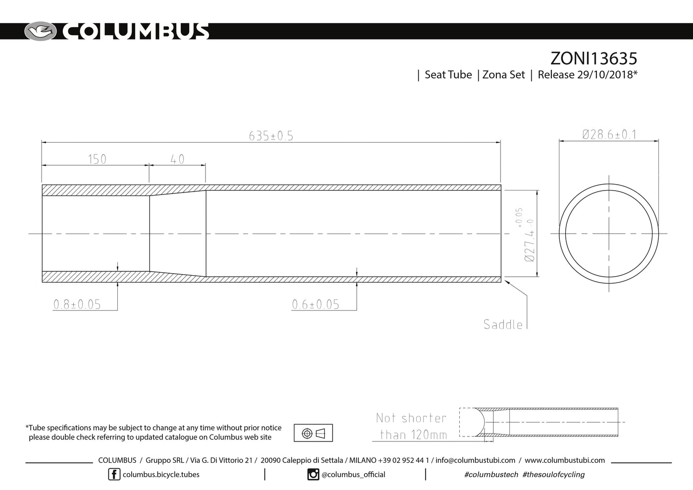 Columbus Zona single butted seat tube - 28.6 dia. - .8/.6 - length = 635