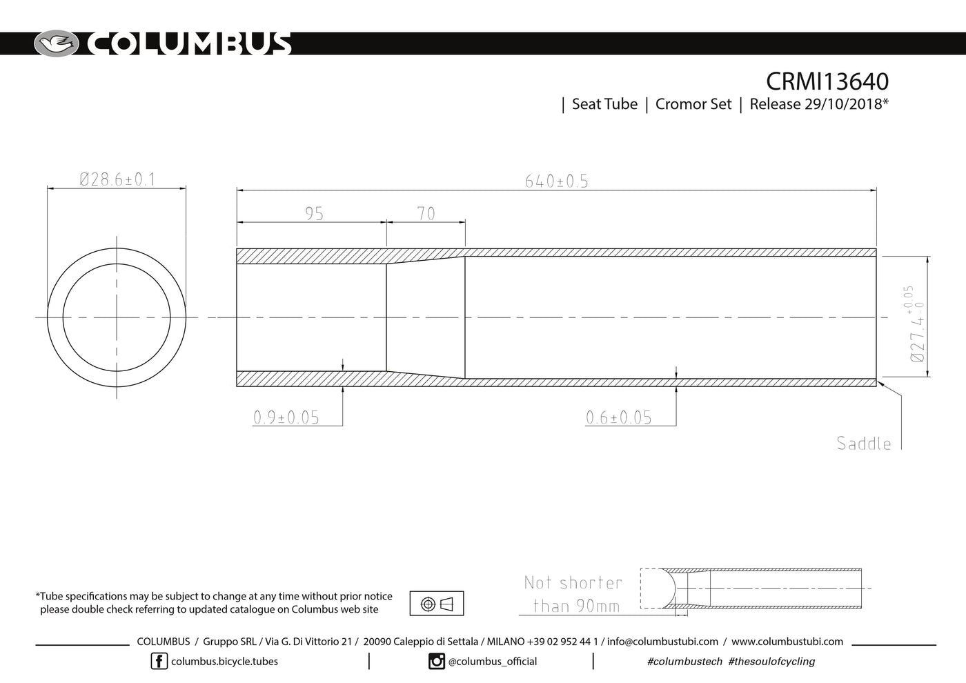 CRMI13640  Columbus Tubing Cromor single butted seat tube - 28.6 dia. - .9/.6 - length = 640