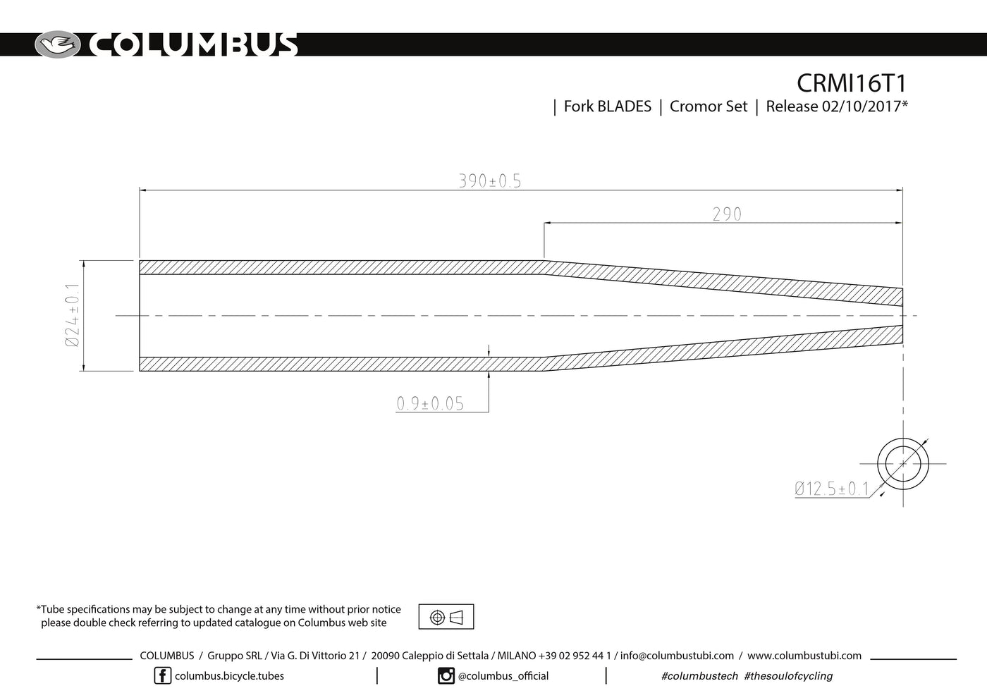 CRMI16T1  Columbus Tubing Cromor round fork blades - .9 wall - length = 390, 24 OD. Steel.