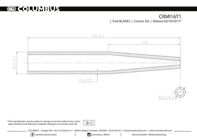 CRMI16T1  Columbus Tubing Cromor round fork blades - .9 wall - length = 390, 24 OD. Steel.