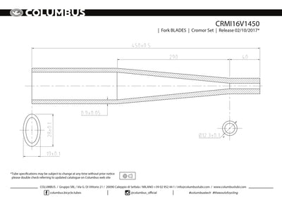 CRMI16V1450  Columbus Tubing Cromor Rando fork blades, steel - .9 wall - length = 450  Fork blade 24 OD is pressed into 28x19 oval.