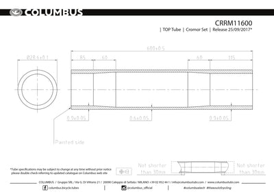 CRRM11600  Columbus Tubing Cromor top tube - 28.6 diameter - .9/.6/.9 wall thickness. Length = 600