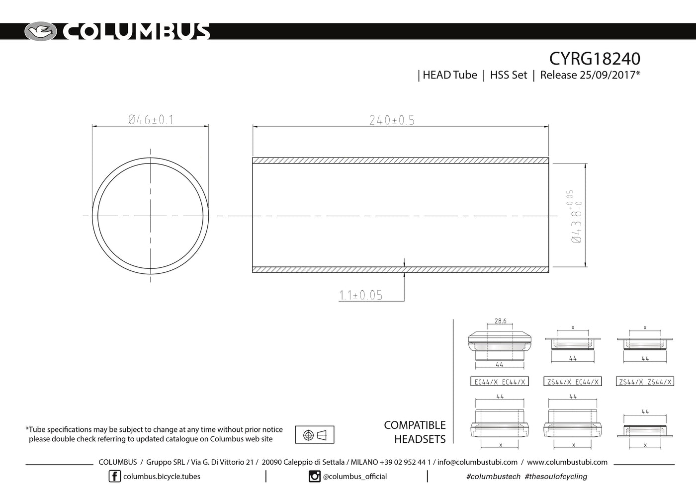 CYRG18240  Columbus Tubing HSS headtube for - 46 dia. - 1.1mm wall - length = 240