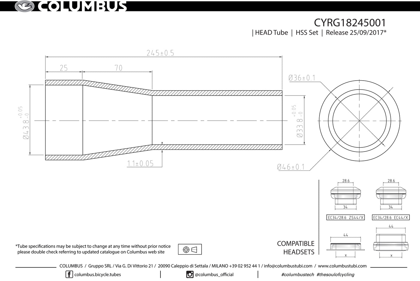 CYRG18245001  Columbus Tubing HSS tapered headtube for 1-1/8" - 1.5" tapered forks. 46/36 dia. - 1.1mm wall - length = 245