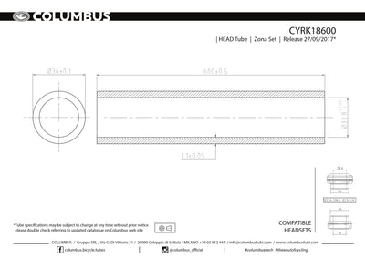 CYRK18600 - Columbus Tubing Zona headtube - 36 dia. - 1.1mm wall - length = 600
