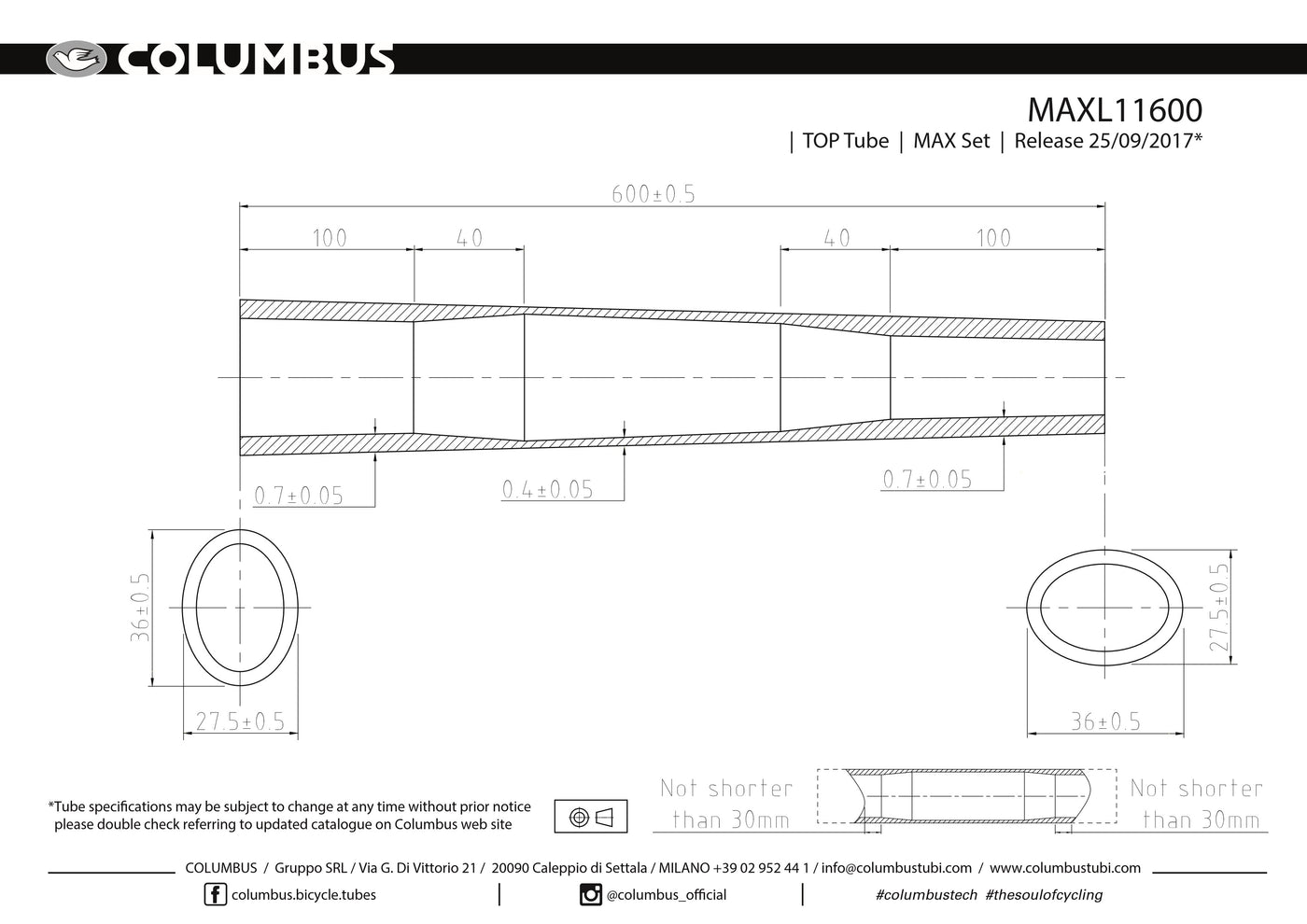 Columbus MAX biaxial top tube - 31.7mm dia. - .7/.4/.7 - length = 600