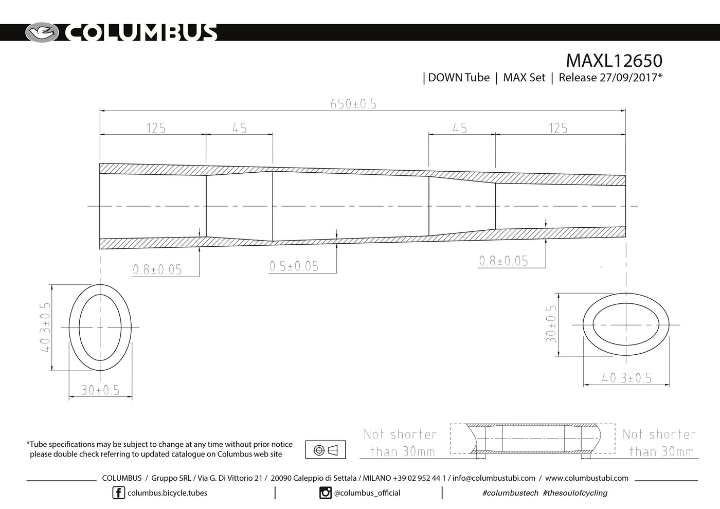 Columbus MAX down tube - 35 dia. - .8/.5/.8 - length = 650