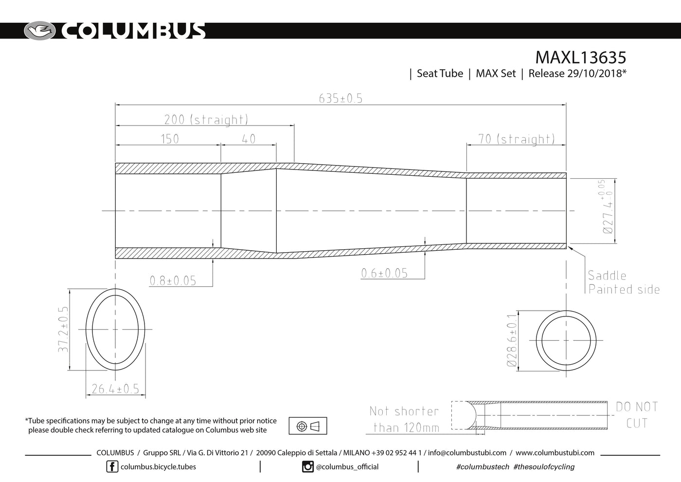 Columbus MAX biaxial tapered seat tube - 31.7/28.6 dia. - .8/.5 - length = 635