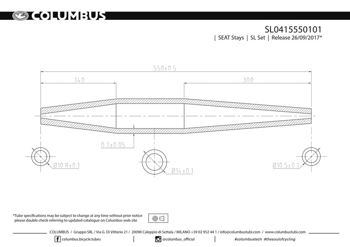 Columbus SL seat stays - Dual taper - 14 OD - .7 wall - length = 550