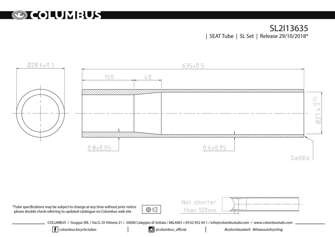 SL2I13635 - Columbus Tubing SL single butted seat tube - 28.6 dia. - .8/.6 - length = 635