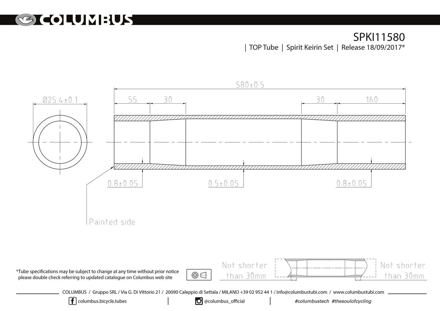 SPKI11580  Columbus Tubing Spirit Keirin top tube - 25.4 diameter - .8/.5/.8 wall thickness. Length = 580
