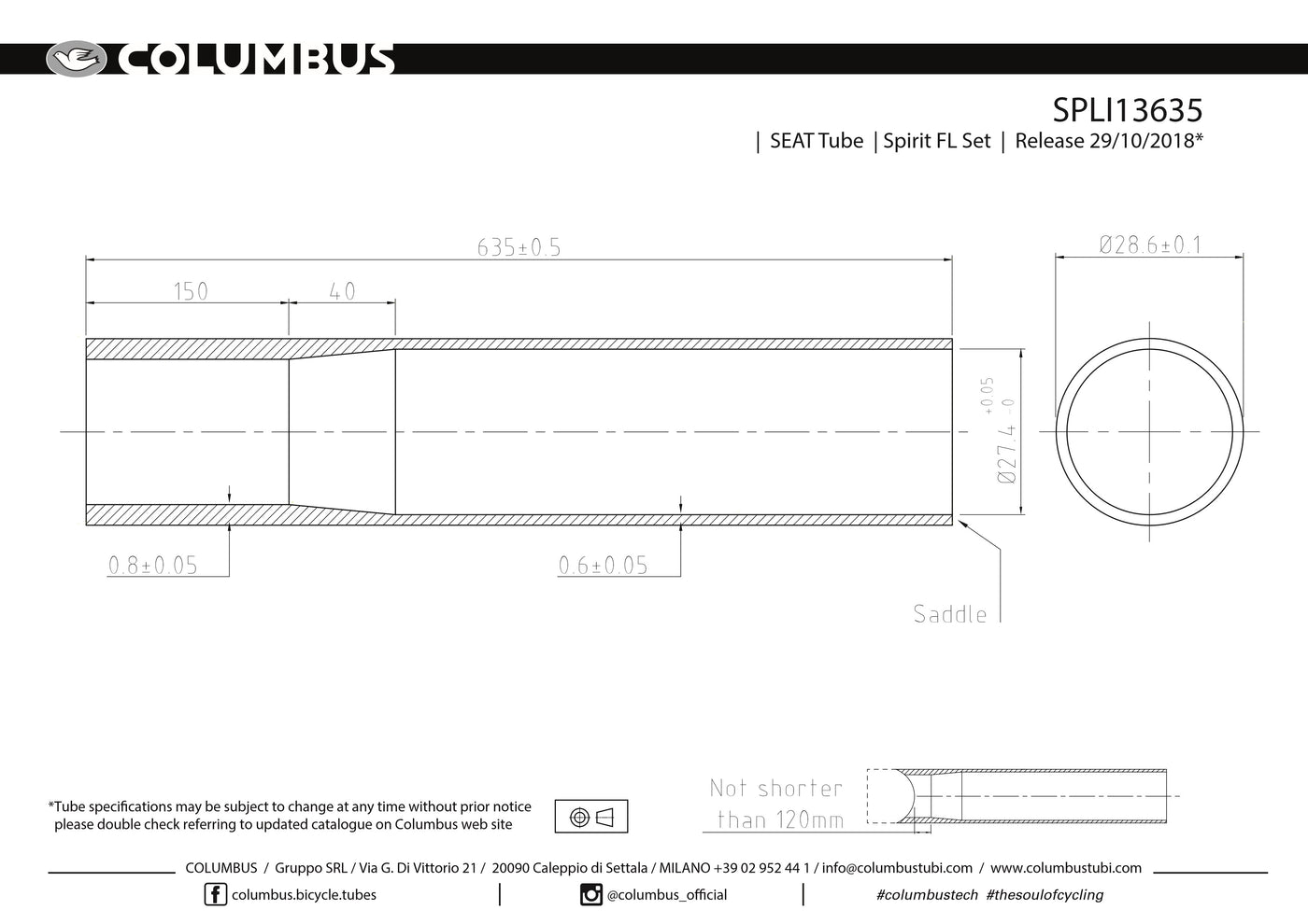 SPLI13635  Columbus Tubing Spirit for lugs single butted seat tube - 28.6 dia. - .8/.6 - length = 635