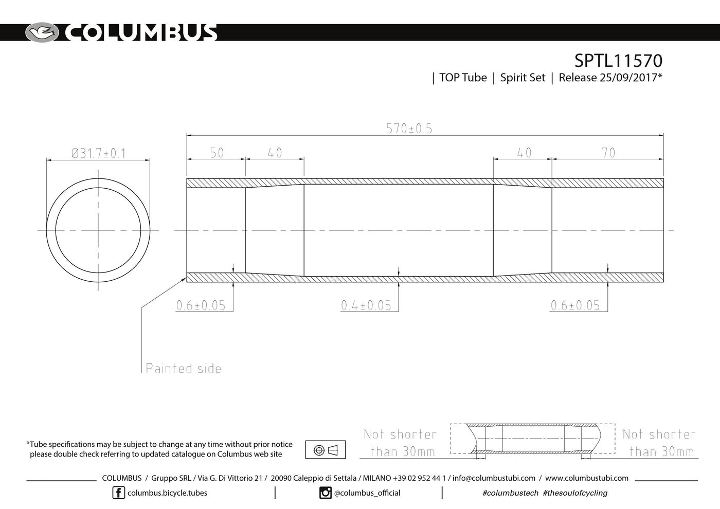 SPTL11570  Columbus Tubing Spirit top tube - 31.7 diameter - .6/.4/.6 wall thickness. Length = 570