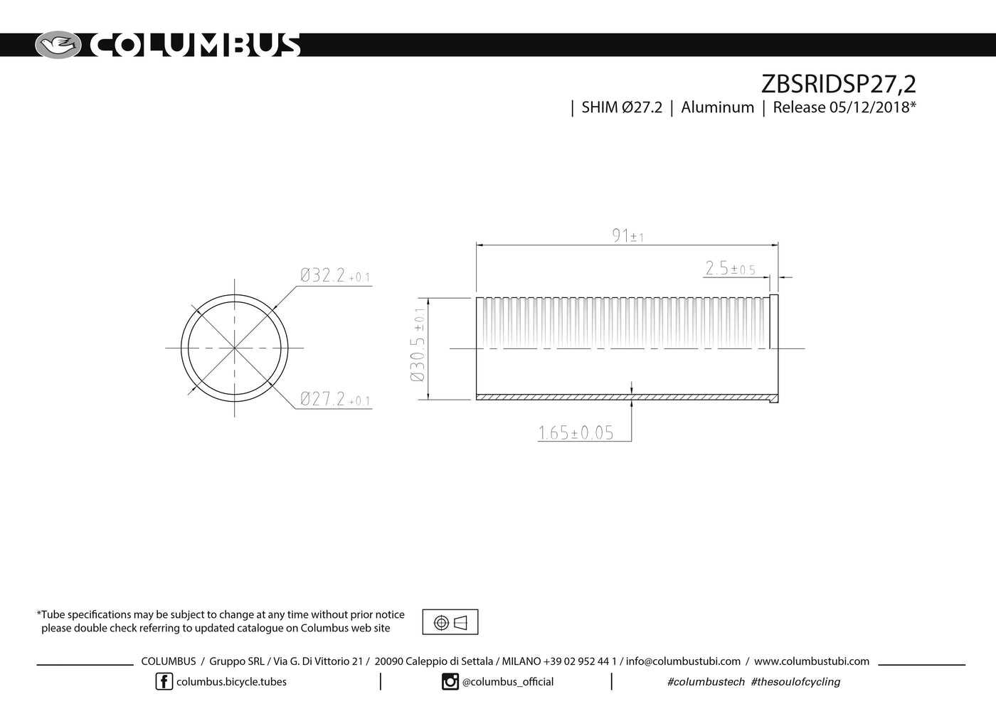 ZBSRIDSP27.2 - Columbus' aluminum reduction sleeve for reducing the inner diameter (30.2) of a 31.7 seat tube to 27.2.