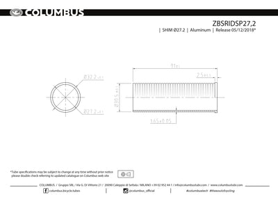 ZBSRIDSP27.2 - Columbus' aluminum reduction sleeve for reducing the inner diameter (30.2) of a 31.7 seat tube to 27.2.