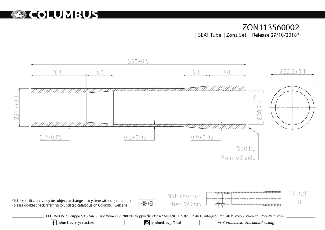 ZON113560002 - Columbus Tubing Zona externally butted seat tube - 31.7 dia. - .7/.5/.9 wall thickness. Length = 560