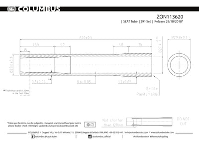 ZON113620 - Columbus Tubing Zona externally butted seat tube for steel bicycle frames - 28.6 dia. - .8/.6/1.2 wall thickness. Length = 620