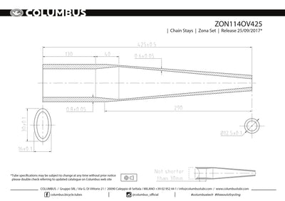 ZON114OV425  Columbus Tubing Zona butted chainstays - oval/round - 24 OD - .8/.6 wall - length = 425, oval=16x30