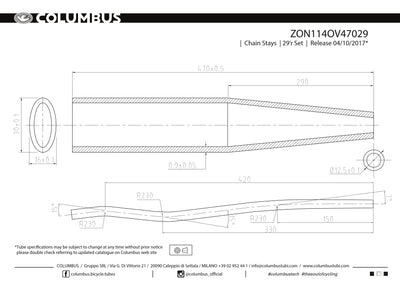 ZON114OV47029  Columbus Tubing Zona 29er triple-bend chainstays - oval/round - 24 OD - .9 wall - length = 470, 16x30 oval at the BB end and a triple-bend to help with that elusive chainring/tire clearance