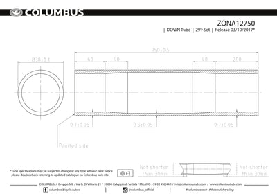 ZONA12750 - Columbus Tubing Zona down tube - 38 diameter - .7/.5/.7 wall thickness. Length = 750