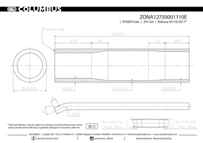 ZONA12750001110E  Columbus Tubing 29er down tube with bend - 38 diameter - 1/.5/.8 wall thickness. Length = 750