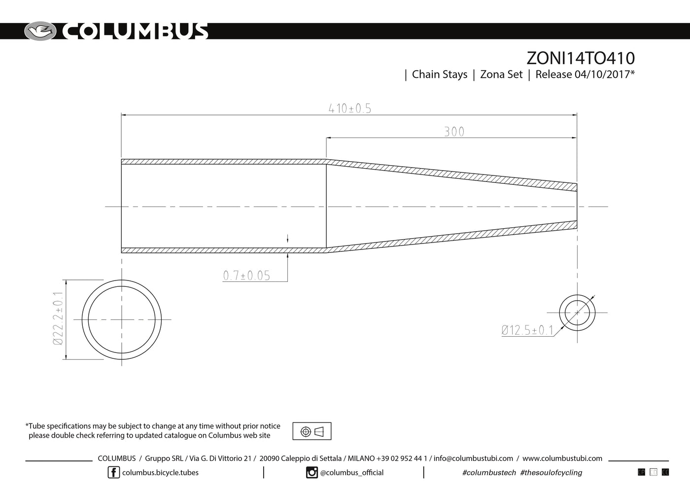 ZONI14TO410 - Columbus Tubing Zona chainstays - round - 22.2 OD - .7 wall - length = 410