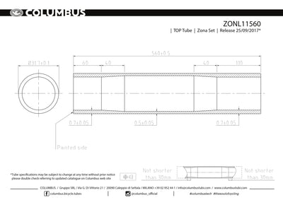 ZONL11560 - Columbus Tubing Zona top tube - 31.7 diameter - .7/.5/.7 wall thickness. Length = 560