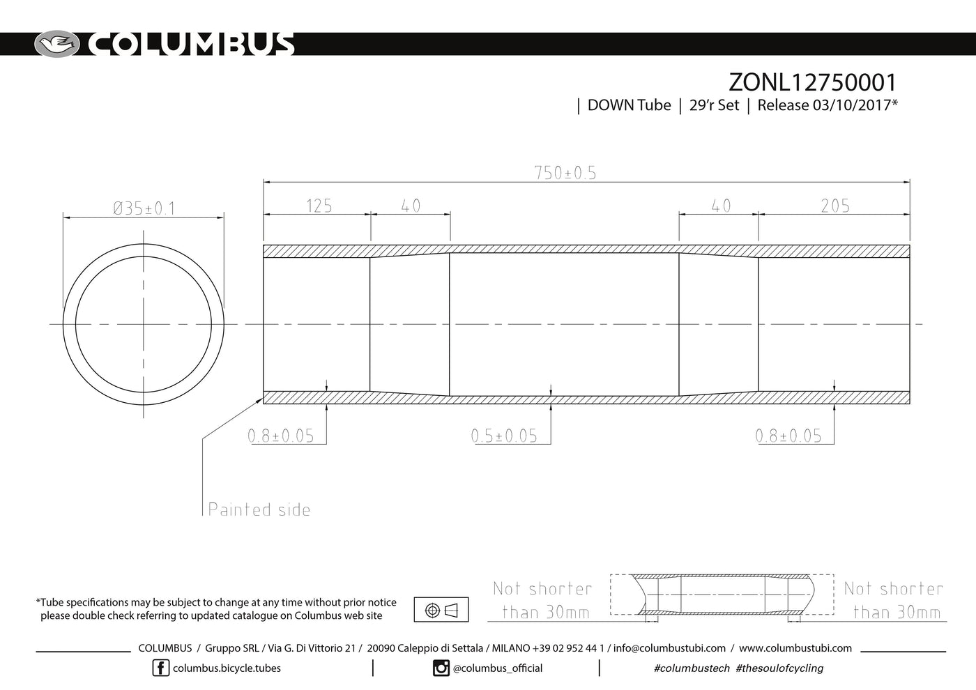 ZONL12750001 - Columbus Tubing Zona down tube - 35 diameter - .8/.5/.8 wall thickness. Length = 750
